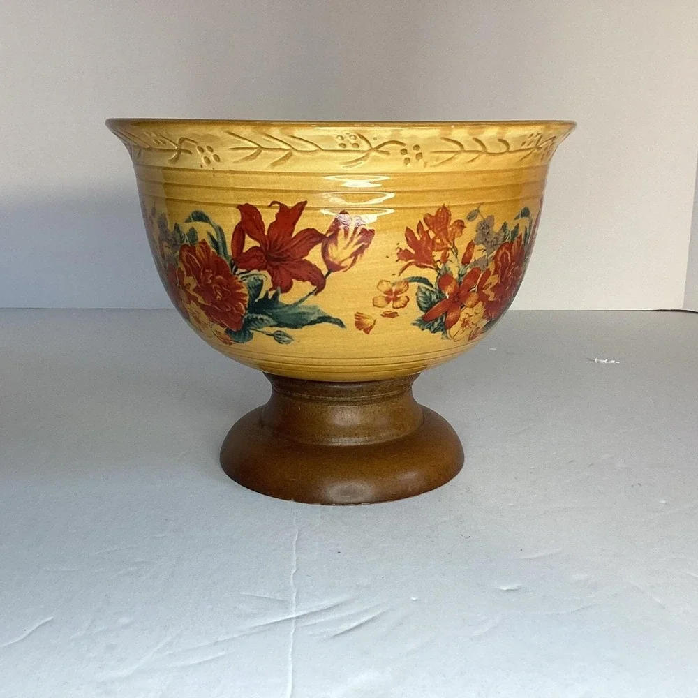Vtg Wood Pedestal Porcelain Bowl Floral Farmhouse Decor Yellow Red